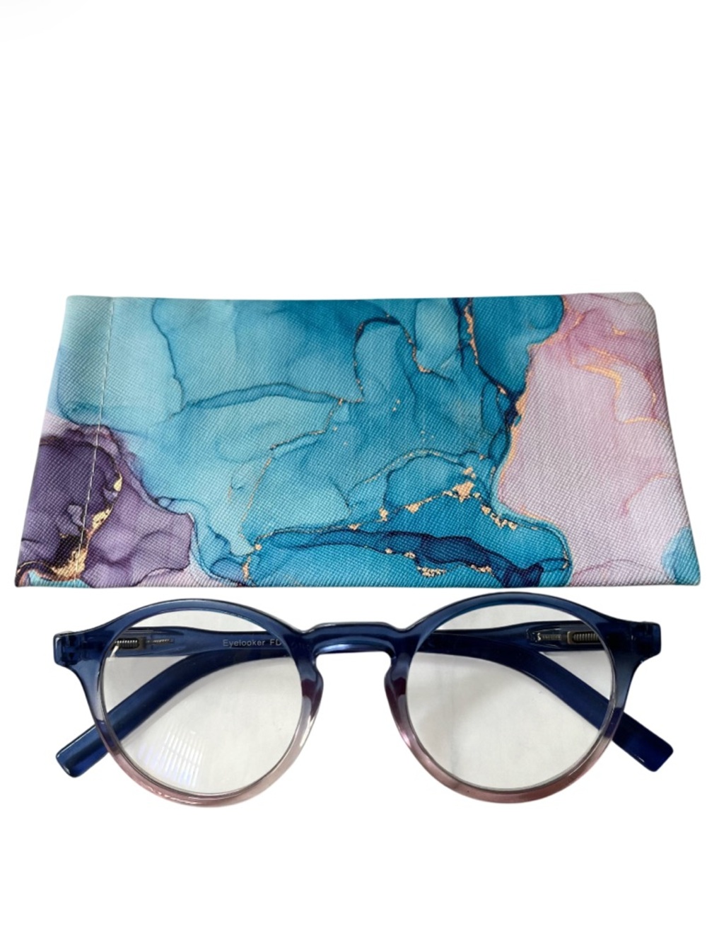 NEW Eyelooker Round Reading Glasses Blue Light Block with Floral Case Blue Pink